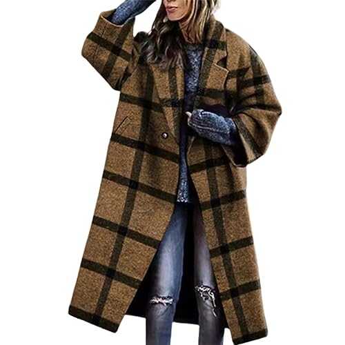Winter Coat Women's Elegant Wool Coat Checked Women's Transition Coat Fashion Business Work Jacket with Lapels Pockets Blazer Transition Coat Long Trench Coat Wool Jacket Wind Jacket Checked Trench