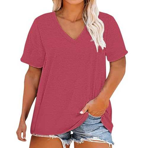HOOUDO Oversized T Shirts for Women Plus Size Summer Tops Ladies Short Sleeve V Neck Tunic Blouses Loose Baggy Tee Top Plain Casual Athletic Gym Tshirts Pullover