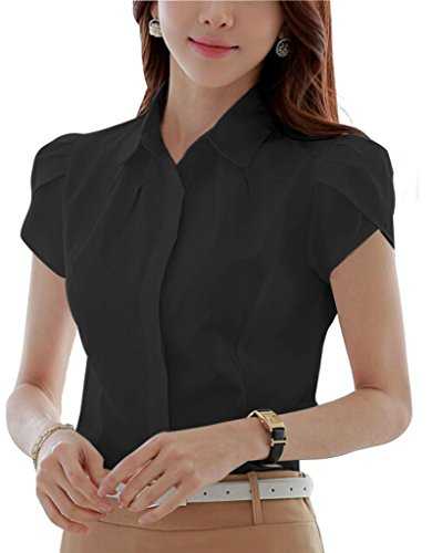 Women's Cotton Button Down Shirt Short Sleeve Pleated Blouse