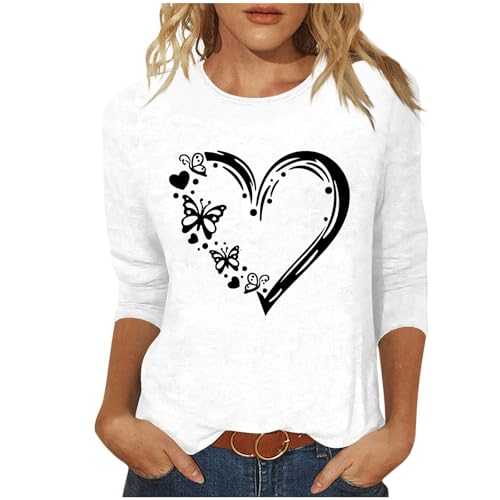 Mioygocq Cute Love Hearts T Shirts for Teenagers 3/4 Sleeve Print T-Shirt Spring Fall Pullover Tops Tshirts Graphic Tee Shirt 3/4 Length Sleeve Womens Tops T Shirts