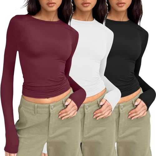 errcom 3 Pieces Women Y2k Basic Long Sleeve Top Slim Fitted Baby Tee Round Neck Skim Dupe Crop Layering Slim Top Blouse Aesthetic Streetwear