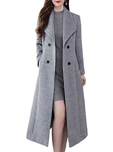 ebossy Women's Shawl Collar Double Breasted Knee Length Slim Wool Trench Coat - Grey, X-Small
