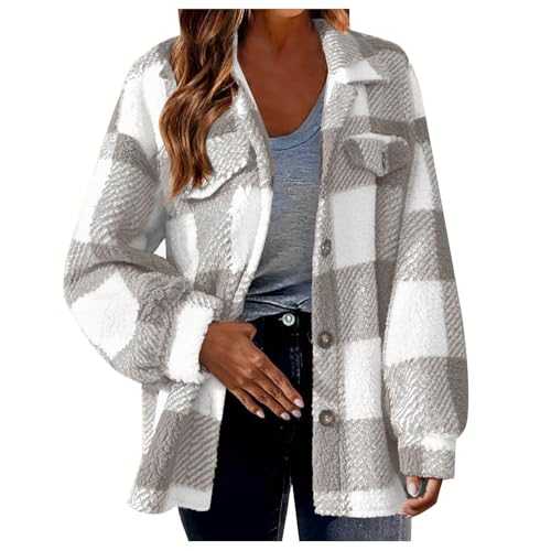 Jackets For Women Uk Button Down Checkered Womens Shacket Sherpa Fleece Winter Warm Plaid Flannel Coat Thermal Thick Curved Hem Wool Plaid Jacket Fuzzy Loose Outdoor Checked Coat