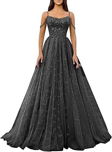 HANVAIOS Cold Shoulder Sequin Prom Dresses Sparkly Glitter Tulle Ball Gowns for Women Formal