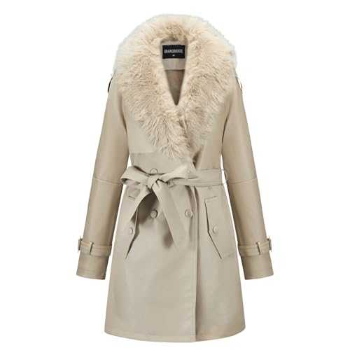 GRAN ORIENTE Women's Faux Leather Trench Coat Overcoat with Detachable Fur Collar,Winter Mid Length Pea Coat Belted Jacket