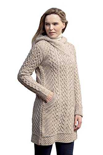 Aran Crafts Women's Cable Knit Long Hooded Side Zip Coat (100% Merino Wool)