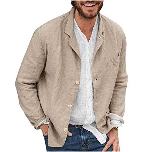 Mens Linen Suit Shirt Casual Suit Blazer Jacket Slim Fit Sport Coats Travel Blazers Three Buttons Solid Color Suit Jacket Loose Fit Shirt Office Business Casual Blouse Spring Summer Lightweight Coat