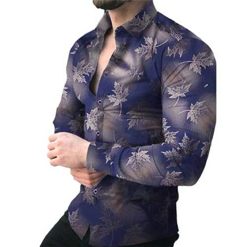 OWLKAY Men's Print Shirt Casual Lapels Men's Trend Longsleeve Tops Fashion Maple Leaf Pattern Print Men Long Sleeve Shirts Urban Men Youth Banquet Prom Shirt