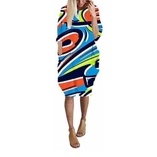 WLHBF Below The Knee Dresses Crew Neck Loose Colorful Diamond Print Half Long Sleeved Dress Casual Pocket Skirt Cotton Dress Casual