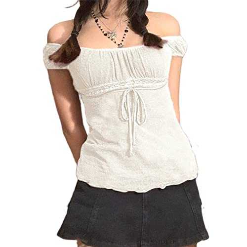 Women Y2K Square Neck Lace Trim Tee Top Short Sleeve Fairy Grunge T-Shirts Vintage Aesthetic Slim Crop Top Harajuku Top