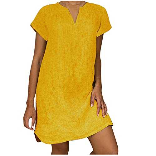 AMhomely Summer Dresses for Women UK Clearance Plus Size Cotton Linen Dresses V Neck Casual Short Sleeve T Shirts Dress Loose Midi Dress Trendy Elegant Plain Beach Dress Vocation Sundress
