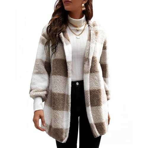 FOTEMIX Fleece Jacket Women Buffalo Plaid Print Women's Jackets Cardigan Long Sleeves Ladies Winter Women's Coats Teddy Outerwear