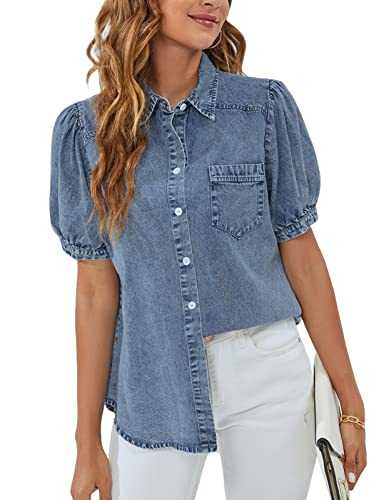 BMJL Womens Denim Shirt Business Casual Button Down Work Blouses Puff Sleeve Summer Tops