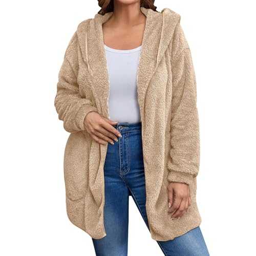 Women's Fleece Jackets Button Pocket Cardigan Hooded Winter Warm Teddy Fleece Jackets Casual Soft Fluffy Coat Solid Plus Size Slim Trench Coat Ladies Winter Coats Long Sleeve Outwear