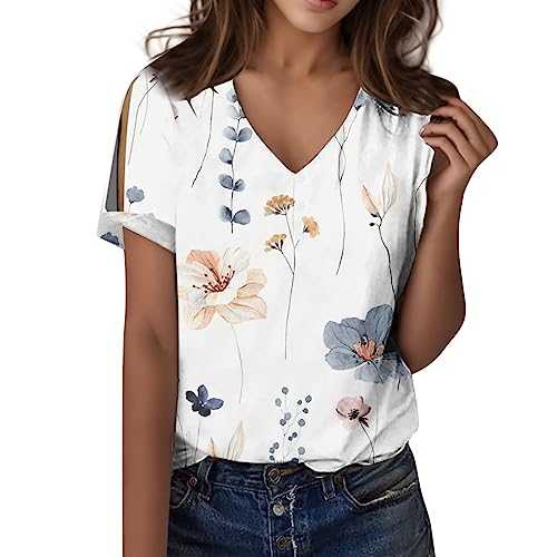 UK Stock Women Tops and Blouses, Women Summer Casual Hollow Short Sleeve V Neck Button Short Sleeve Top Shirt Print Top Tee for Women Ladies T Shirts Size 16