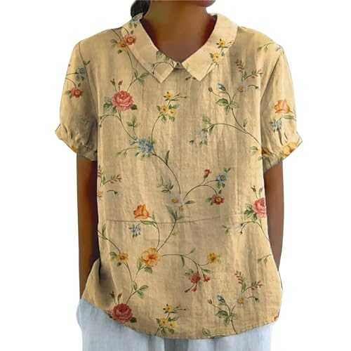Colorful Cotton Shirt Doll Collar Tops Floral Elegant Print Short Sleeve Blouse Oversized for Women Linen Lapel Art Floral Round Neck Tee Shirt