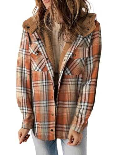 KIKIATA Women's Plaid Print Button Front Hooded Coat, Flannel Shacket Jacket Long Sleeve Button Down Fleece Hooded Jackets Warm Fall Winter Coat Casual Work(Orange,XXL)