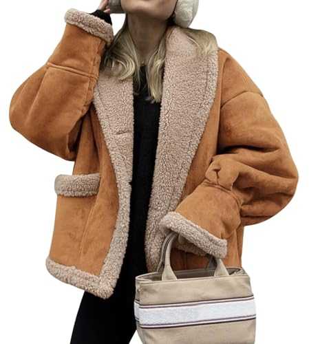 loveimgs Women Oversized Sherpa Lined Leather Jacket Faux Suede Fleece Shearling Coat Winter Biker Aviator Jacket Overcoat