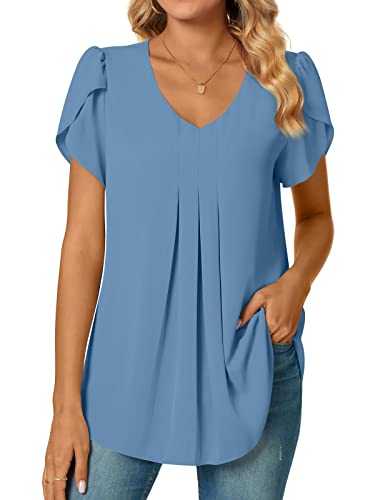 Ladie's Summer Tops, Dressy Chiffon Blouses Pleated Shirts Petal Short Sleeve Tunic Tops V-neck Casual T-Shirts