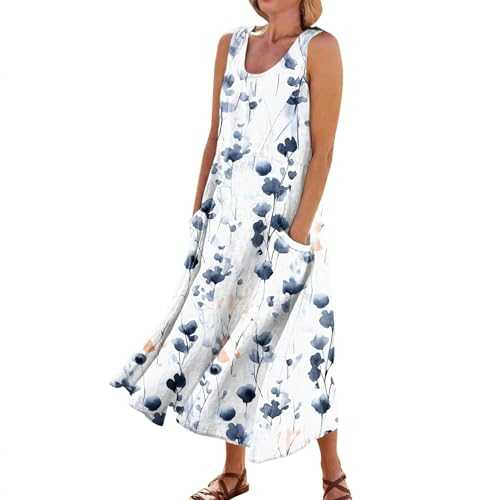 Women's 2024 Fashion Casual Sleeveless Vacation Round Neck Dresses Cotton Linen Print Flowy Dress with Pockets