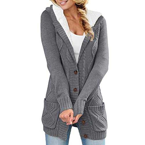 PAIDAXING Women's Fleece Lined Cardigans Fashion Color Block Hooded Jumper Thick Warm Button Down Sweater Coats with Pocket Ladies Casual Long Sleeve Knitted Tops Plush Jackets for Autumn Winter