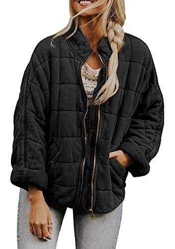 YMING Lady’s Dolman Solid Color Stand Collar Padded Coat Loose Pocket Jacket Long Sleeve Zipper Outwear