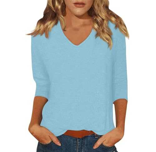 3/4 Length Sleeve Ladies Tops Casual V-Neck Shirts for Women UK 2025 Summer Elbow Length Plain Fashion T Shirts