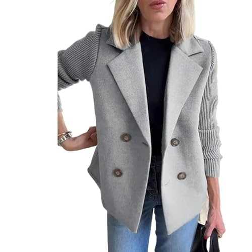 Women's Lapel Button Knitted Patchwork Sleeve Casual Coat, Trendy Double Breasted Pea Coats With Pockets, Winter Blazer Loose Jackets Tops