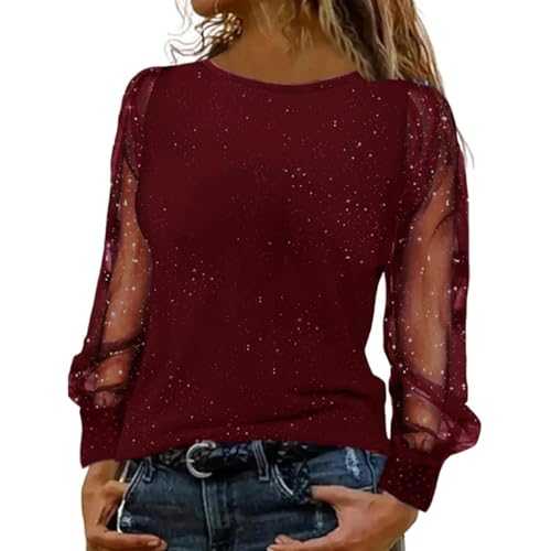 WILLBEST Women Long Sleeve Shirt Sequin T Shirts Crew Neck Casual Blouse Top Off Shoulder Tunic Shimmer Sparkly Glitter Party Tops