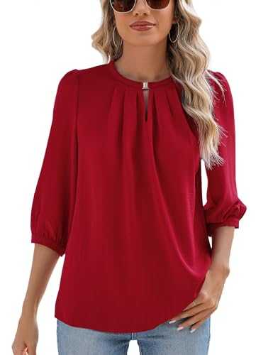 Rapbin Keyhole V Neck Puff 3/4 Length Sleeve Womens Tops Dressy Casual Chiffon Work Blouses Shirts S-XXL