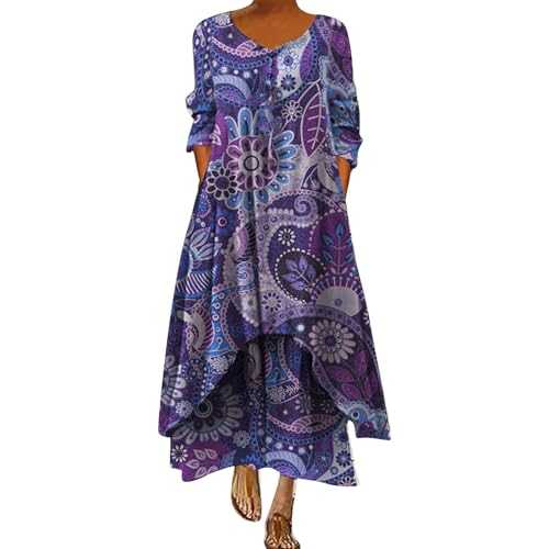 AMDOLE White Dress for Women Dress Linen Long Sleeved Irregular Hem Long Dress Flower Print Summer Dress Dresses for Women Work Casual Petite Long