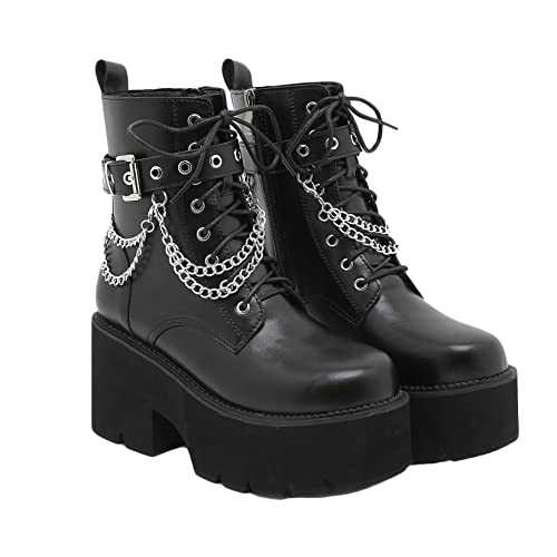 Women Platform Ankle Boots Gothic Metal Chain Lace-Up Warm Lining Autumn Winter Boots Wear-Resistant Chunky Heel Breathable Leather Boots
