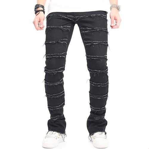 WEIBUMAOYI Men's Distressed Stacked Jeans Men Slim Fit Stretch Trousers Straight Leg Skinny Denim Pants