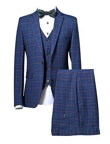 YYI Men's 3 Piece Slim fit Checked Suit Notch Lapel One Button Vintage Suits