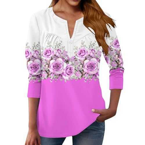 T Shirts for Women UK,Cotton T Shirts for Women UK,Womens 3/4 Length Sleeve Spring Tops Summer Button Up Shirts for Women Loose Fit Plus Size V Neck Blouses Workout Tee Shirts Women