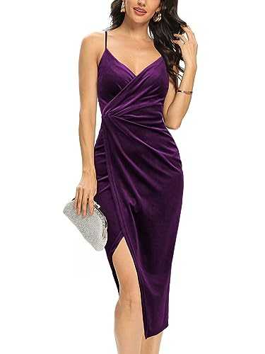 Missufe Women's Sleeveless Velvet Spaghetti Strap Wrap V Neck Bodycon Ruched Slit Party Midi Glitter Dress