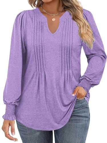 DOLNINE Plus-Size-Tops for Women Notch V Neck Puff Long Sleeve T Shirts Casual Pleated Trendy Smocked Cuffs Tee Tunics XL-5XL