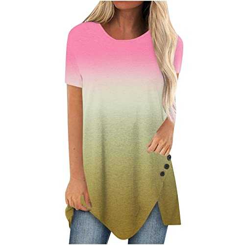 Womens Plus Size Tops Summer Dressy Pleated Tunic Tops Short Sleeve Tees Shirts - Womens Oversized T Shirts Casual Short Sleeve Blouses Tunic Pullover Solid Button Loose Fitting Blouses S-5XL
