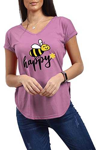 Be Jealous Women Turn Up Cap Sleeve V Neck Bee Happy Casual Basic Curved Hem T Shirt Top