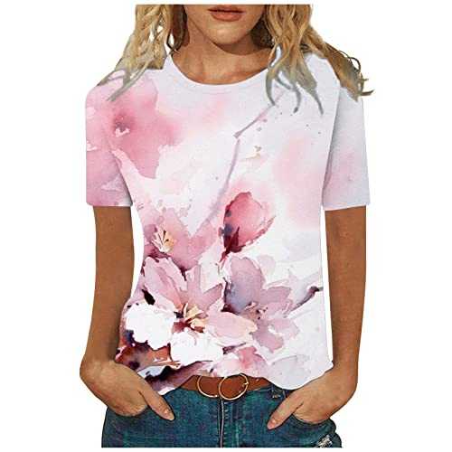 Women Shirts and Blouse Sale Clearance,Ladies Fashion Summer Casual Print Round Neck Loose Short Sleeve T-shirt Top Blouse Pullover Elegant Tunic Shirts Tops Office UK Size S-5XL Shipping 7 Days