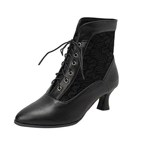 Ankle Boots Women's Style Plain with Pointed Lacing and Thin High Heel Boots Women's Winter Shoes Women