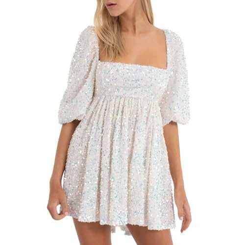 AMDOLE Ladies Dresses Sequined Casual Round Neck Short Sleeve Solid Color Dress Reception Sequined Dress Summer Dresses for Women UK