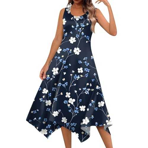 Summer Dresses for Women UK Summer Fashion Round Neck Sleeveless Floral Print Irregular Hem Midi Dresses