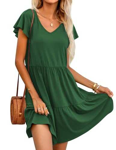 Womens Summer Dress Casual Short Sleeve V-Neck Swing Dresses Flowy Tiered Ruffle Dress with Pockets