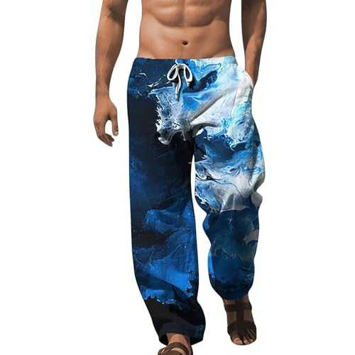 Printed Tracksuit Bottoms Men - Beach Trousers Yoga Beach Pants Baggy Streetwear Smart Trouser with Draw Cord Cotton Hemp Pants Light Breathable Outdoor Pants Straight-Fit Wide Leg Trouser