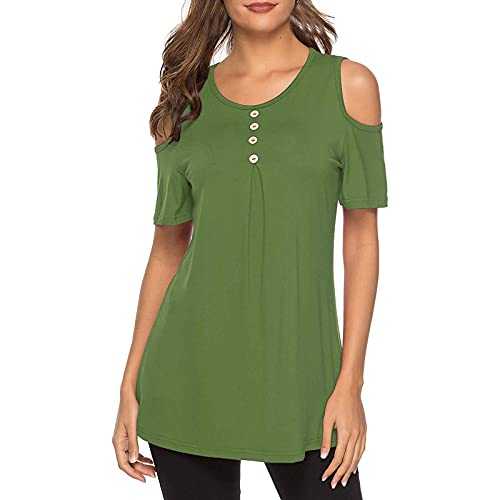 UK Stock Sale Women O-Neck Short Sleeve Solid Color Strappy Cold Shoulder T-Shirt Tops Blouses Loose Summer Tee Casual Pleated Henley T-Shirt Ruffle Button up Tunic Shirts for Ladies