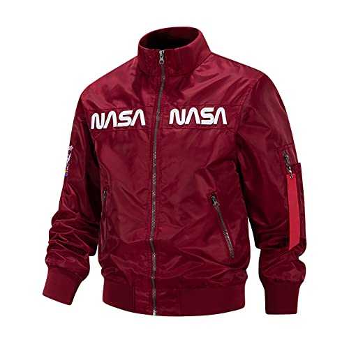 Men's Bomber Jacket Nasa Logo Embroidered Casual Zip Stand Collar Bomber Jacket Outwear