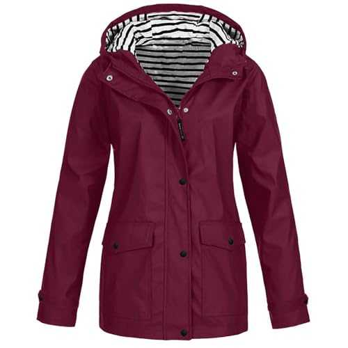 Mrat Waterproof Jackets for Women Uk Sale Clearance Oversized Hooded Raincoat Solid Color Lightweight Coat Long Sleeve Zipper Tunic Overcoat with Pockets Windproof Softshell Jackets Plus Size S-5XL