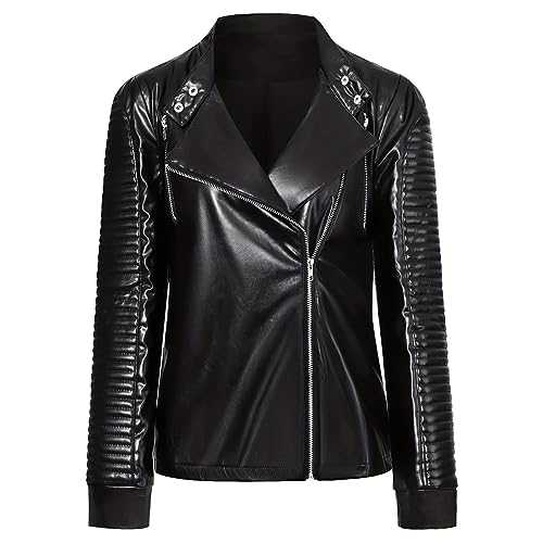 HAOLEI Leather Jacket for Women UK Faux Casual Zip Up Trendy Bomber Motorcycle Jacket with Pockets Ladies Slim Fit Leather Stand Collar Suit Jacket