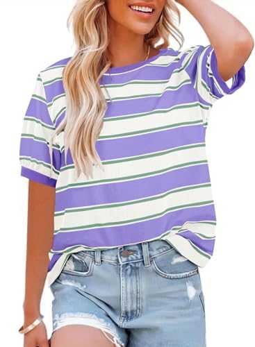 Womens Tops Casual Color Block Striped Short Sleeve Shirts Crewneck T Shirts Loose Basic Tee Blouses